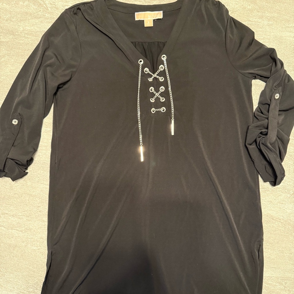 Michael Kors black tunic top with silver chain accent
